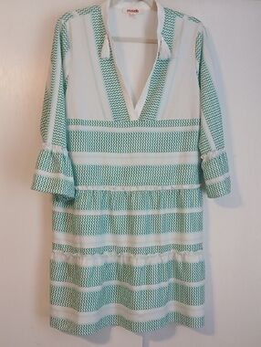 Mazik White and Teal Striped V-Neck Midi Dress in Size M